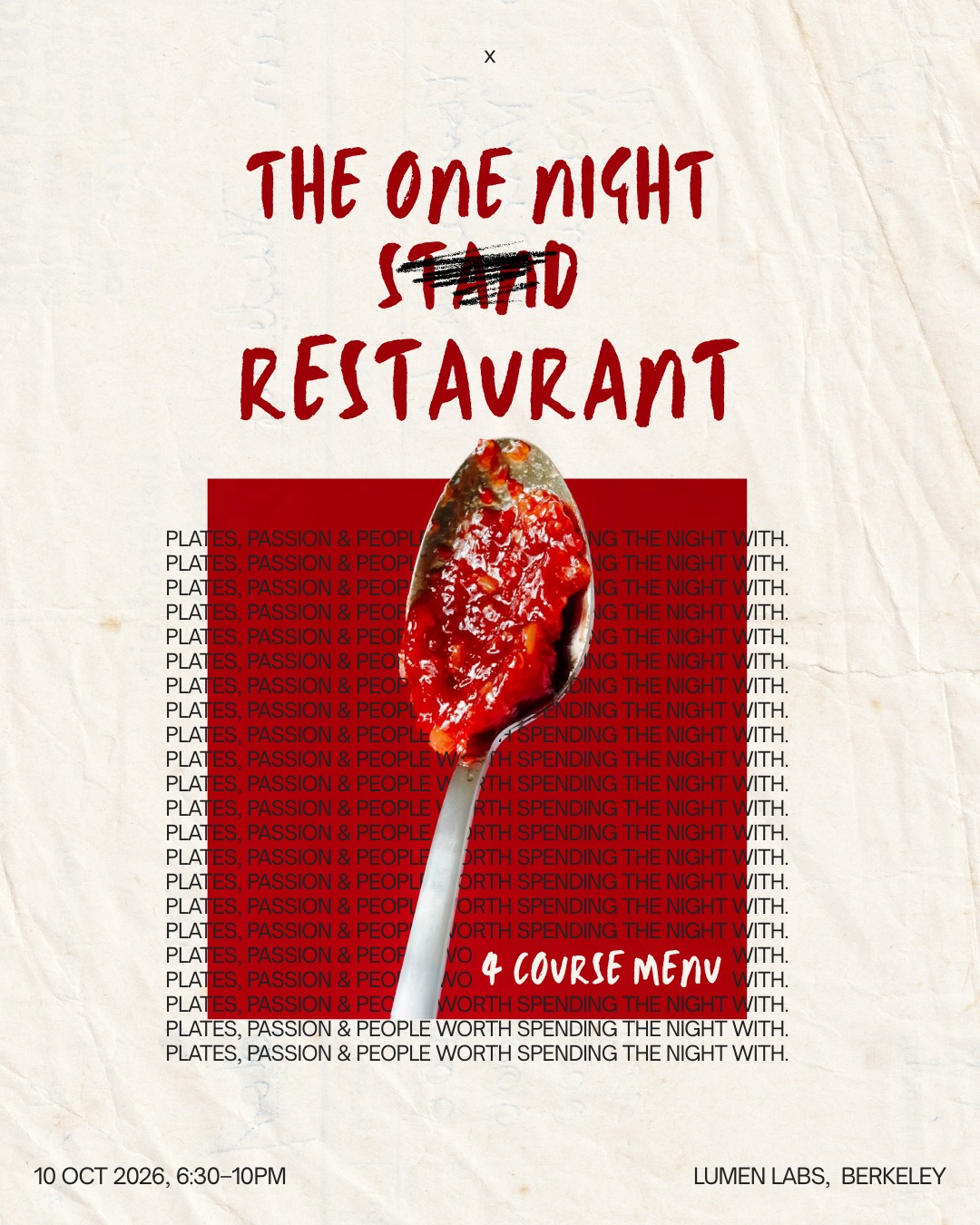 Poster: The One Night Restaurant. Four-course menu. 10 Oct 2026, 6:30-10pm, Lumen Labs, Berkeley.